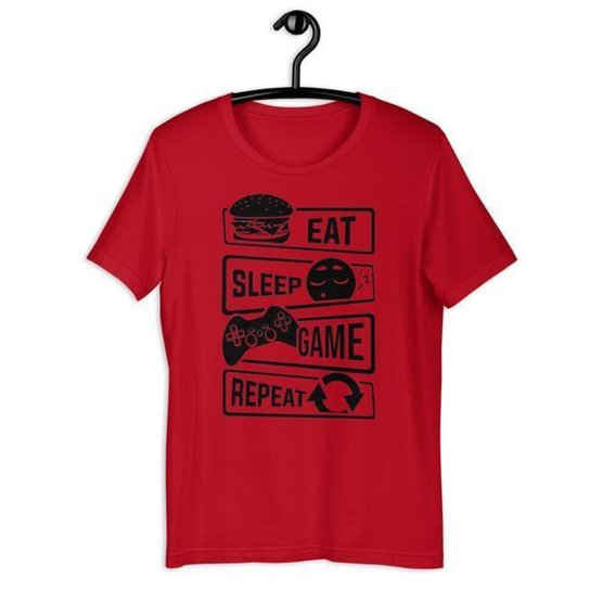 Camiseta Camisa Infantil Unissex - Eat Sleep Game And Repeat - Vermelho