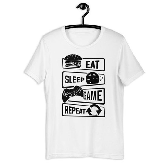 Camiseta Camisa Infantil Unissex - Eat Sleep Game And Repeat - Branco