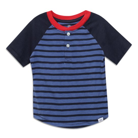 Camiseta Bebê GAP Listrada Com Botões Masculina - Azul