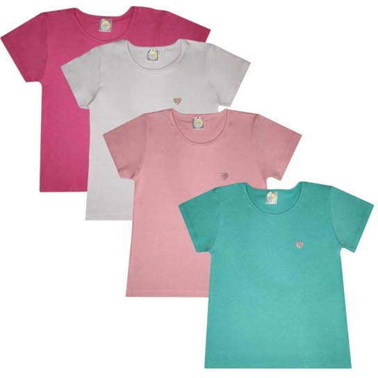 4 Camiseta Blusinha Babylook T-shirt Básica Menina Algodão Cotton Manga Curta Infantil Juvenil - Sortido