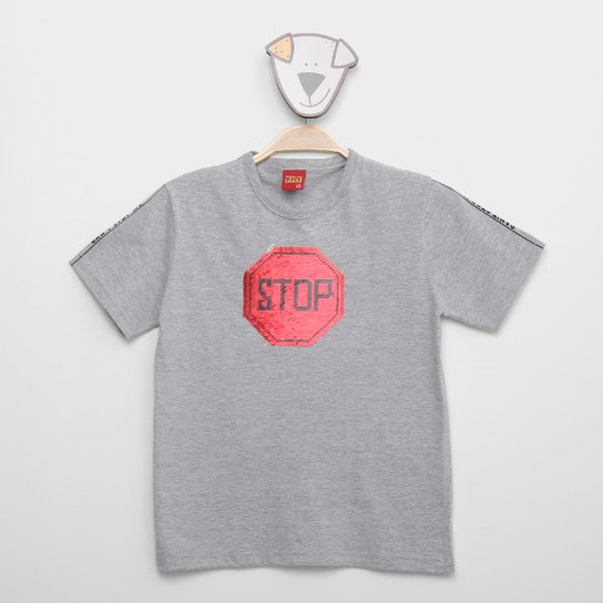 Camiseta Infantil Kyly Bordado Reversível Stop Menino - Cinza