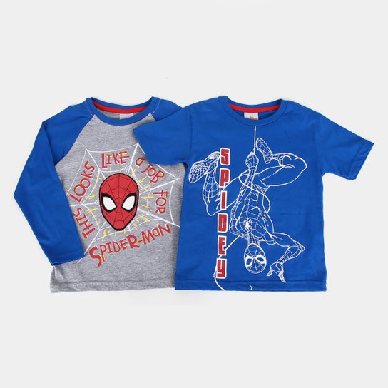 Kit Camiseta Infantil Marvel Spider Man 2 Peças - Azul+Cinza