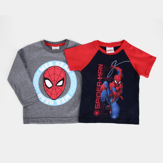 Kit Camiseta Infantil Marvel Meia Malha Homem-Aranha Menino - 2 Peças - Chumbo+Marinho