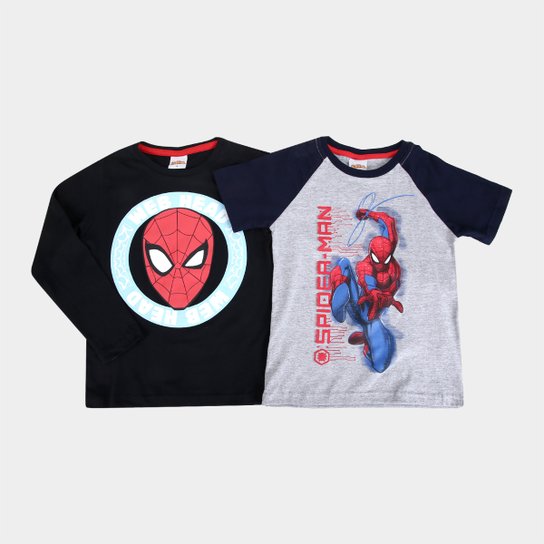 Kit Camiseta Infantil Marvel Meia Malha Homem-Aranha Menino - 2 Peças - Preto+Cinza