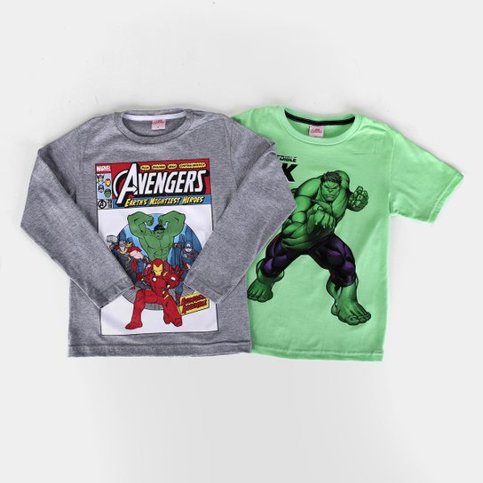 Kit Camiseta Infantil Marvel Malha Avengers Hulk Menino - 2 Peças - Verde+Mescla