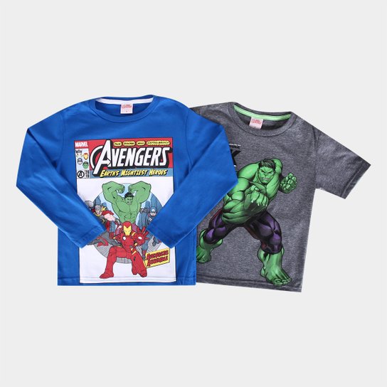 Kit Camiseta Infantil Marvel Malha Avengers Hulk Menino - 2 Peças - Chumbo+Azul