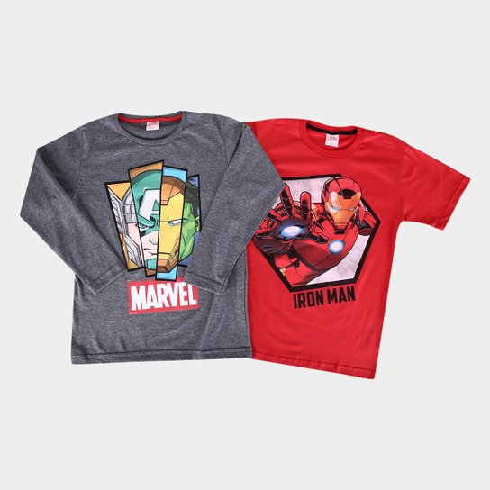 Kit Camiseta Infantil Marvel Malha Avengers Homem de Ferro Menino - 2 Peças - Vermelho+Chumbo