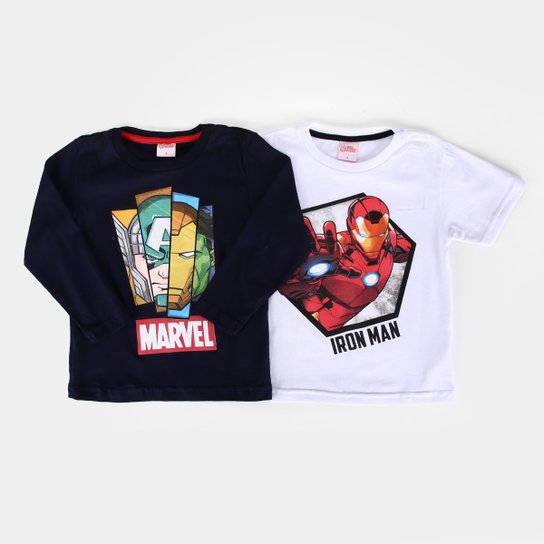 Kit Camiseta Infantil Marvel Malha Avengers Homem de Ferro Menino - 2 Peças - Branco+Marinho