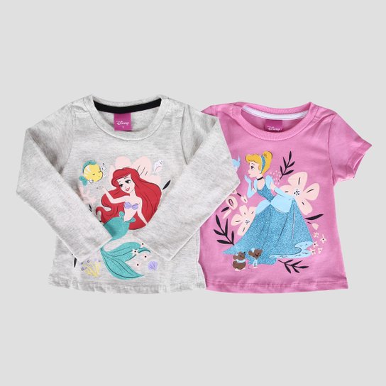 Kit Camiseta Infantil Disney Princesas Glitter Cinderela e Ariel Menina - 2 Peças - Cinza+Rosa