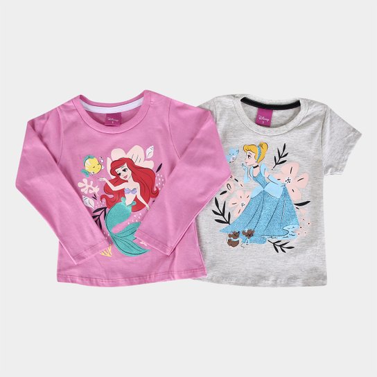 Kit Camiseta Infantil Disney Princesas Glitter Cinderela e Ariel Menina - 2 Peças - Rosa+Cinza