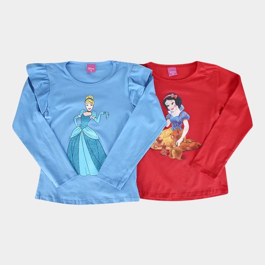 Kit Camiseta Infantil Disney Princesas Cinderela e Branca de Neve Menina - 2 Peças - Vermelho+Azul