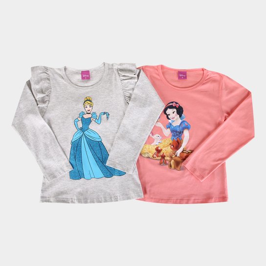 Kit Camiseta Infantil Disney Princesas Cinderela e Branca de Neve Menina - 2 Peças - Rosa+Cinza