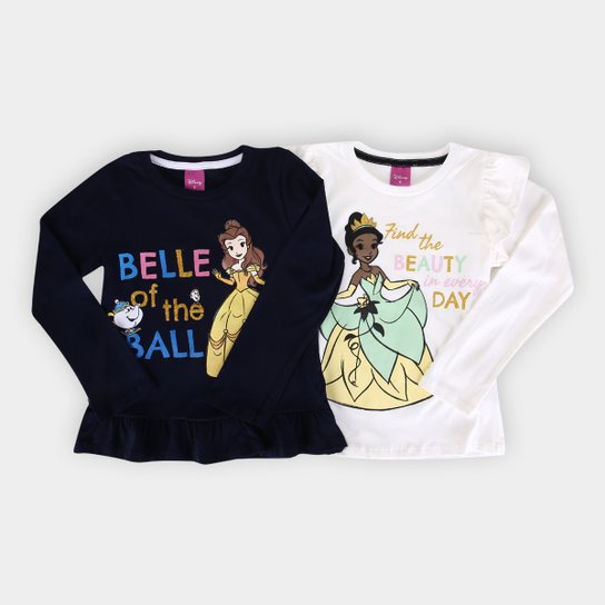 Kit Camiseta Infantil Disney Princesas Bella e Tiana Menina - 2 Peças - Off White+Azul