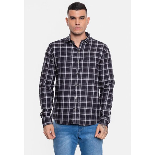 Camisa HD Manga Longa Flanelada Xadrez Masculino - Preto