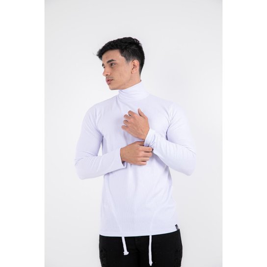 Camisa Gola Alta Masculina Cacharrel Sueter Canelada Manga Longa Rolê Slim masculino - Branco