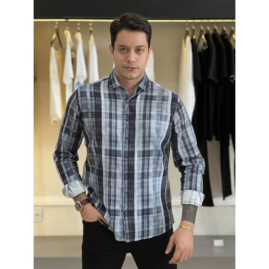 Camisa Dudalina Manga Longa Slim Estampa Xadrez Masculino Marinho - P - Azul-escuro - Azul