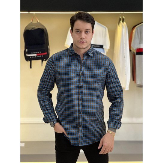 Camisa Acostamento Manga Longa Classic Lobo Bordado Xadrez Amarelo e Azul Masculino Preto - Preto