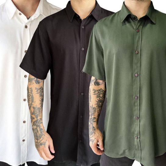 Kit 3 Camisas Masculinas Manga Curta Social Viscose - Verde+Branco