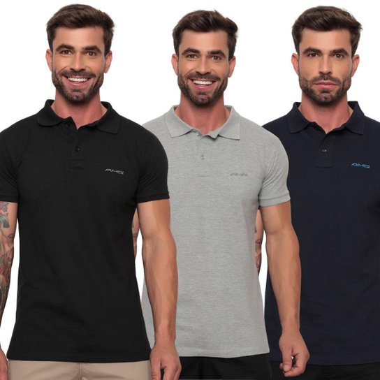 Kit Com 3 Camisas Gola Polo Em Malha Piquet Amg - Preto