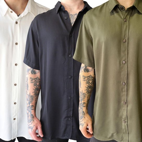 Kit 3 Camisas Masculinas Manga Curta Social Viscose - Verde Militar+Preto