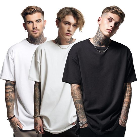 Kit 3 Camisas Camisetas Oversized Largas Grandes Lisas Skatista Masculina - Off White+Preto