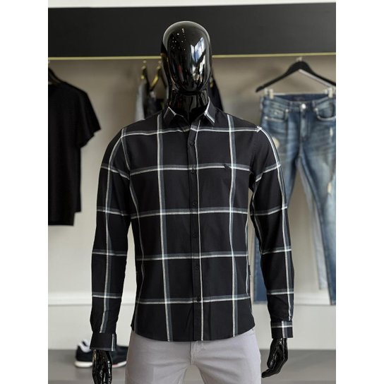 Camisa Acostamento Manga Longa Black Listras Lobo Bordado Masculino Preto - G2 - Preto - Preto