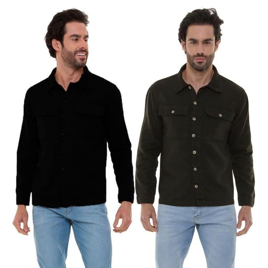 Kit 2 Camisas Jeans Masculina Manga Longa Estilo Jaqueta - Preto+verde