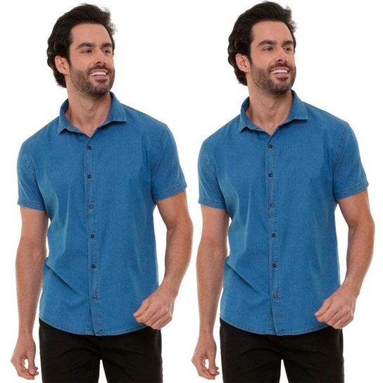 Kit 2 Camisas Jeans Masculina Manga Curta Básica Lisa Azul - Azul