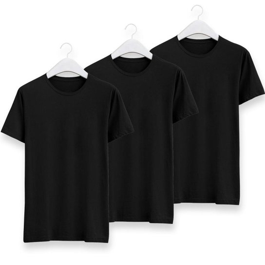 Kit Camisetas Masculinas 3 Camisas Basica Gola Redonda Lisas Pretas - Preto