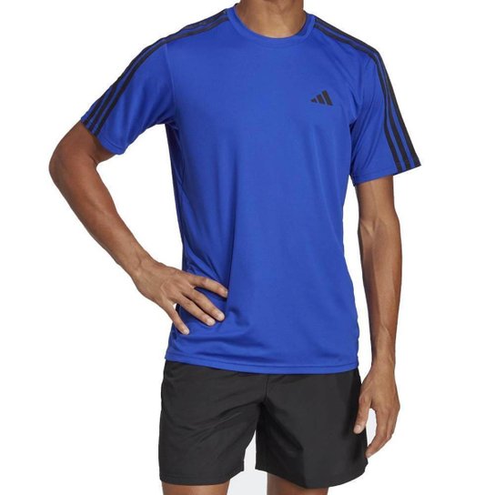 Camiseta Adidas Essentials 3 Listras Masculino - Azul+Preto