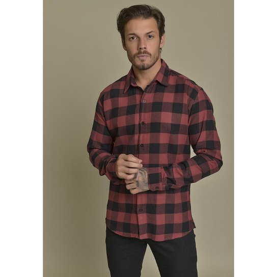 Camisa Xadrez Flanelada Vermelho com Recortes Dialogo Jeans Masculino - Vermelho