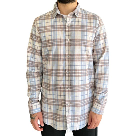 Camisa Xadrez Flanelada Masculino Manga Longa - Bege