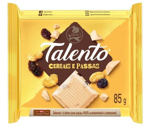 Garoto Talento - Chocolate Branco com Cereais e Uvas Passas 85g - White Chocolate with Cereals and Raisins 85g