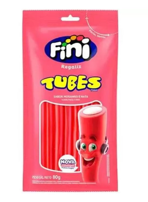 Fini Bala Tubos Sabor Morango e Nata 80g - Tubes Gelatin Candy Strawberry 3oz