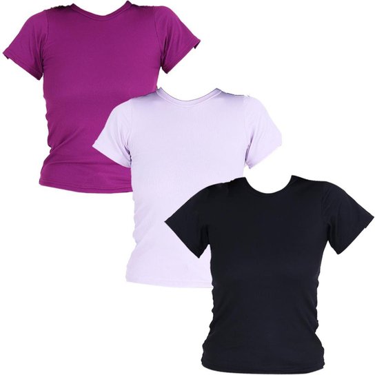 Kit 3 Blusas Femininas Manga Curta Ribana - Roxo