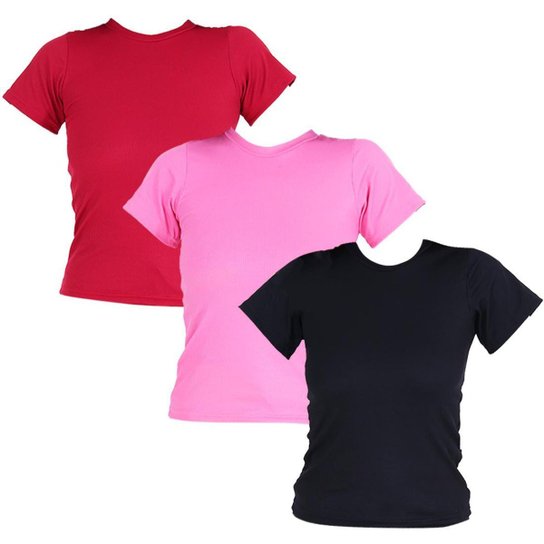 Kit 3 Blusas Femininas Manga Curta Ribana - Vinho