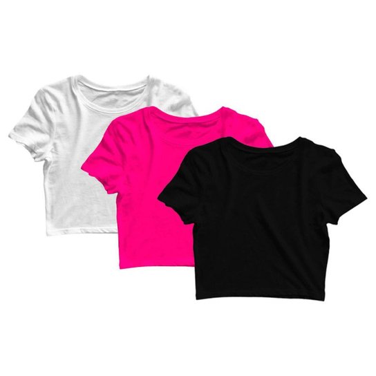 Kit 3 Blusas Cropped Blusinha Camiseta Feminina Lisa - Preto+Rosa