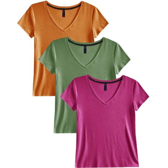 Kit 3 Blusas Blusinhas Feminina Slim Babylook Algodão Gola V - 3 Pretos - M - Pink+Verde