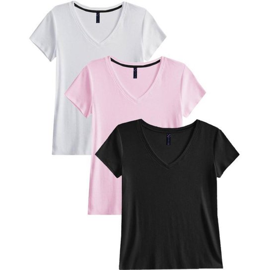 Kit 3 Blusas Blusinhas Feminina Slim Babylook Algodão Gola V - 3 Pretos - M - Preto+Rosa