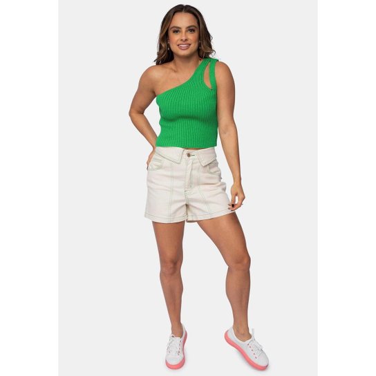 Tricô Blusa Cropped Pink Tricot Modal Canelado Um Ombro Só Feminino - Verde