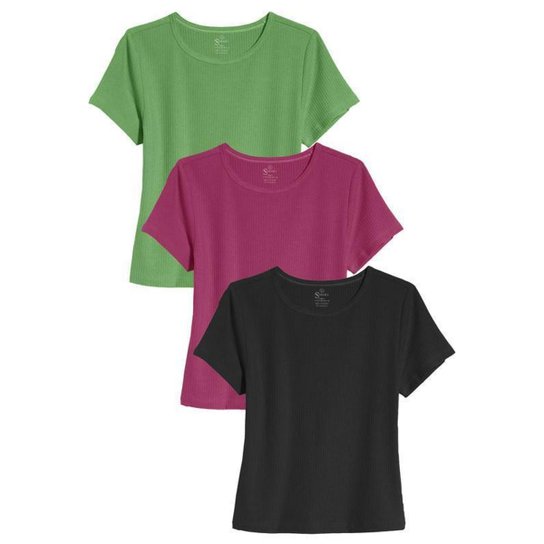 Kit 3 Blusas Blusinhas Feminina Canelada Manga Curta - Preto+verde