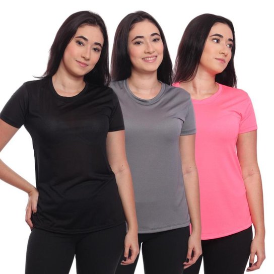 Kit 3 Blusas Academia Manga Curta Camiseta Camisa Tshirt Esportiva Dry ness UV Proteção Solar - Preto+Rosa