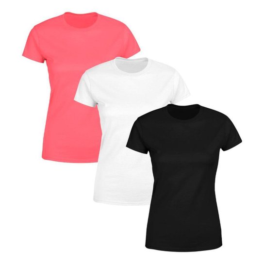 Kit 3 Blusa Feminina Tshirt Camiseta Baby Look Lisa Premium Blusas - Preto+Rosa