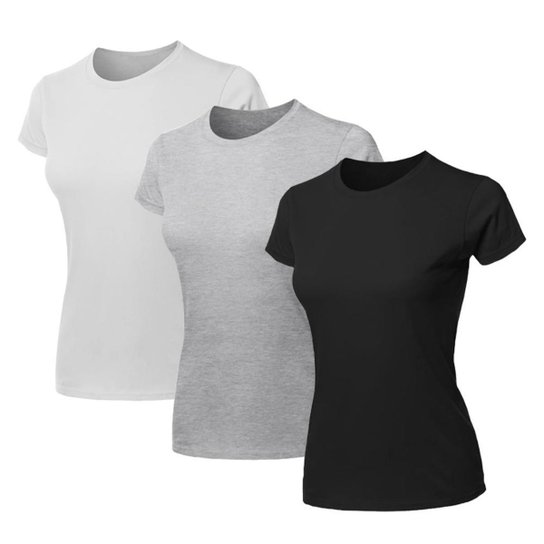 Kit 3 Blusa Feminina Camiseta Lisa Básica Algodão Camisa Baby Look Blusas - Branco+Cinza