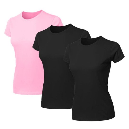 Kit 3 Blusa Feminina Camiseta Lisa Básica Algodão Camisa Baby Look Blusas - Preto+Rosa