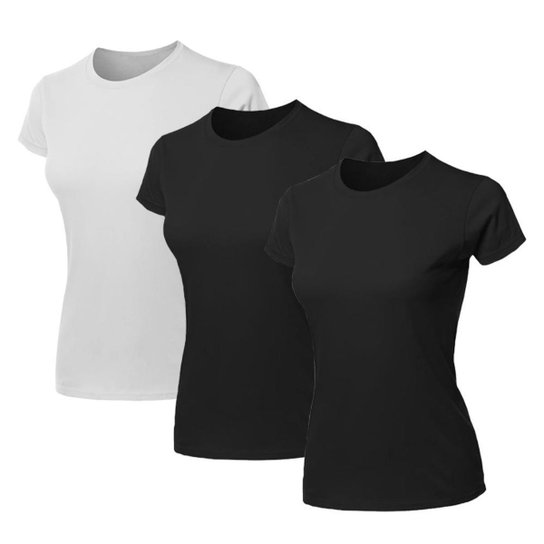 Kit 3 Blusa Feminina Camiseta Lisa Básica Algodão Camisa Baby Look Blusas - Branco+Preto