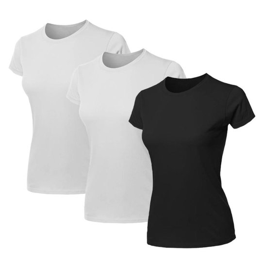 Kit 3 Blusa Feminina Camiseta Lisa Básica Algodão Camisa Baby Look Blusas - Preto+Branco