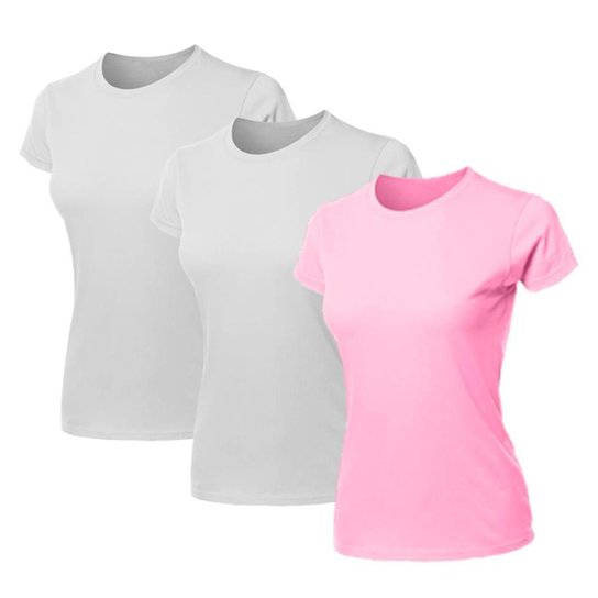 Kit 3 Blusa Feminina Camiseta Lisa Básica Algodão Camisa Baby Look Blusas - Branco+Rosa