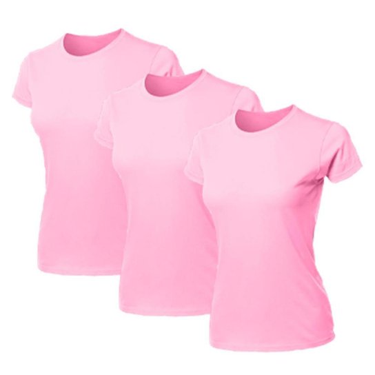 Kit 3 Blusa Feminina Camiseta Lisa Básica Algodão Camisa Baby Look Blusas - Rosa