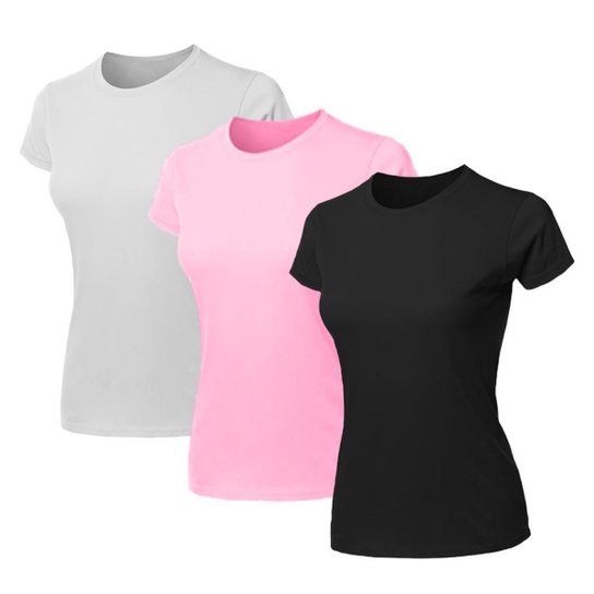 Kit 3 Blusa Feminina Camiseta Lisa Básica Algodão Camisa Baby Look Blusas - Rosa+Branco